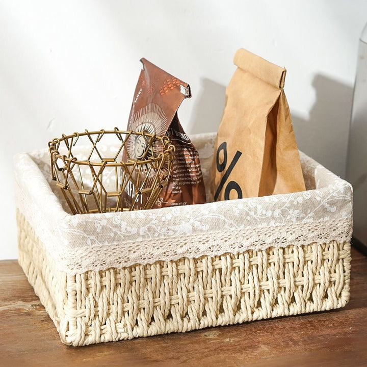 Vintage Lace Lined Woven Storage Baskets