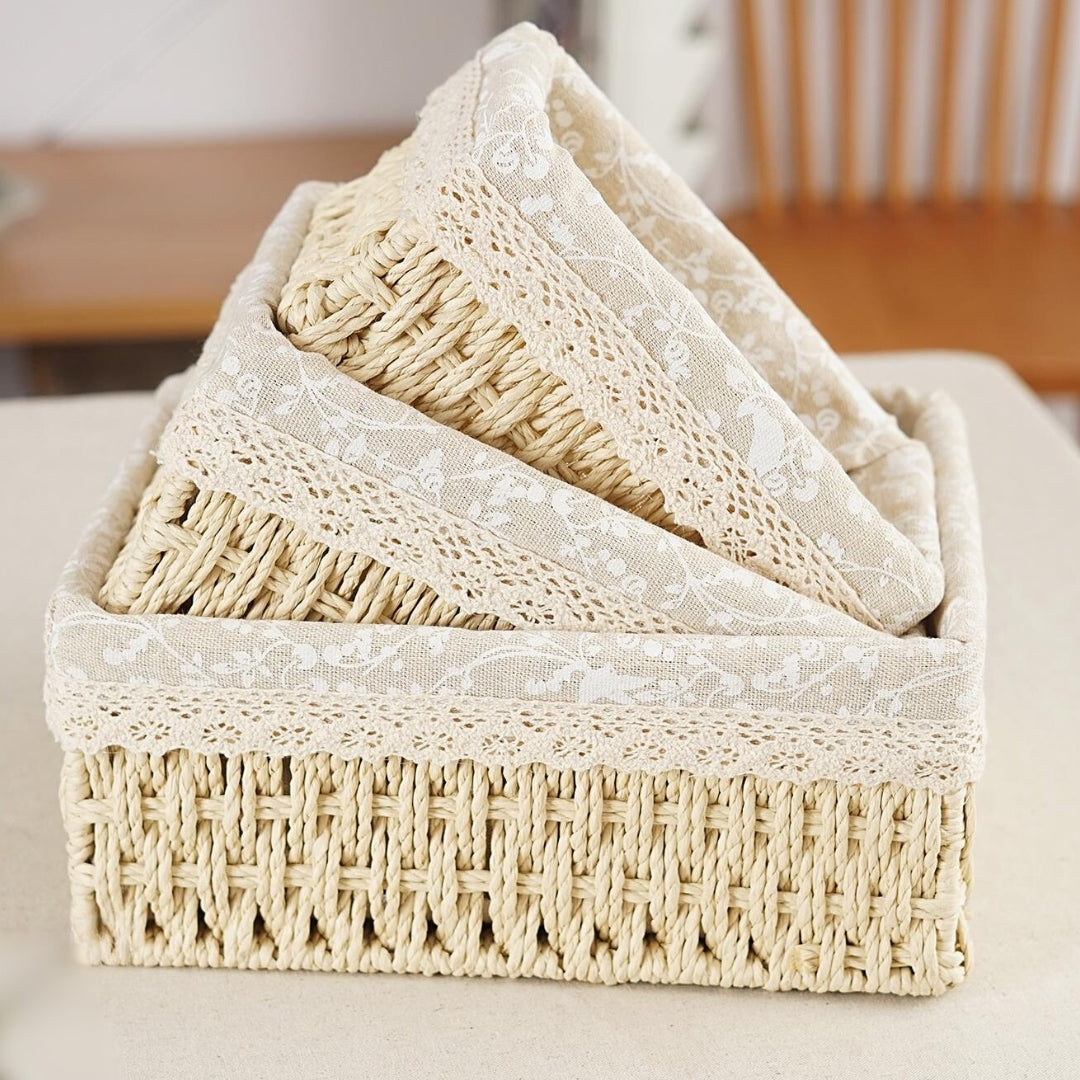 Vintage Lace Lined Woven Storage Baskets