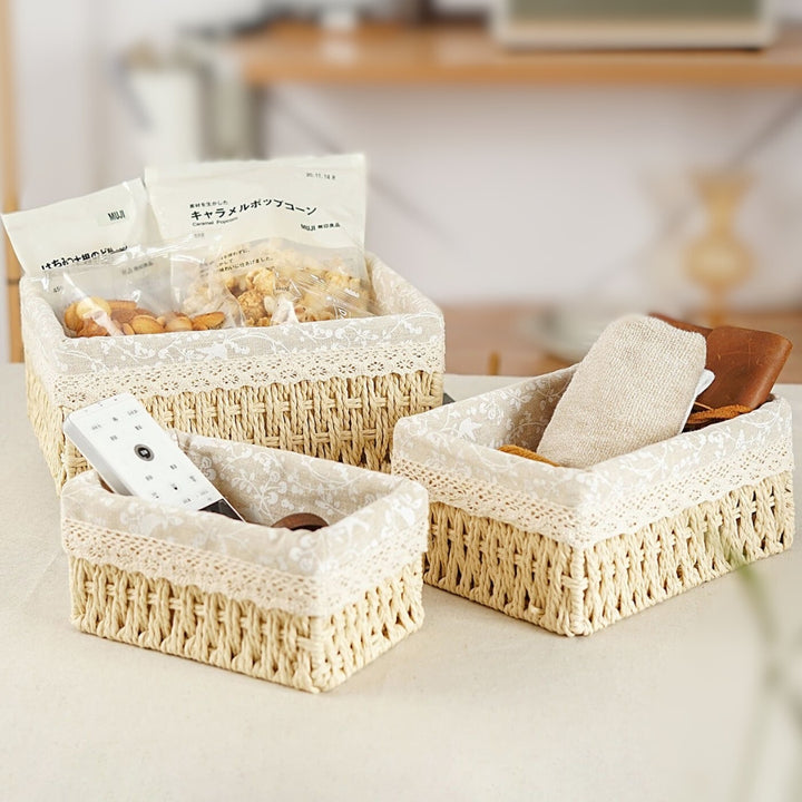 Vintage Lace Lined Woven Storage Baskets