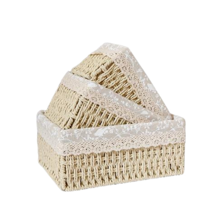 Vintage Lace Lined Woven Storage Baskets